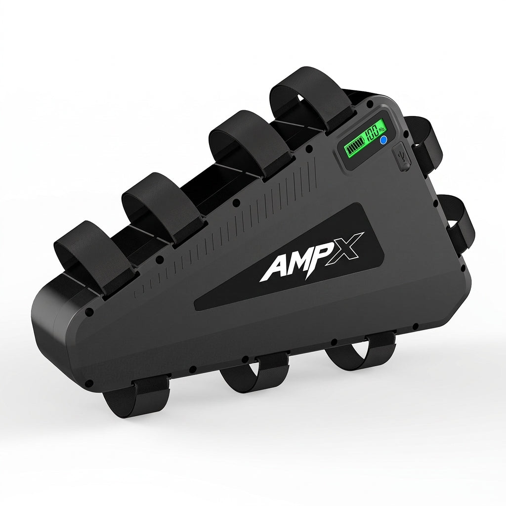 AMPX triangle hardcase e-bike battery with LCD charge display and velcro straps