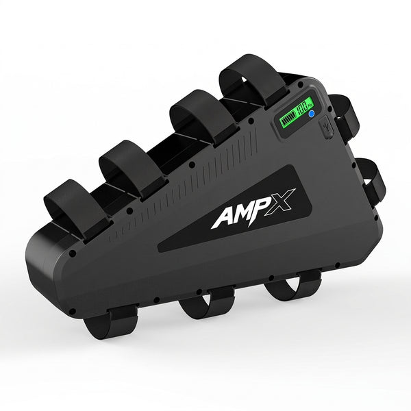 AMPX triangle hardcase e-bike battery with LCD charge display and velcro straps